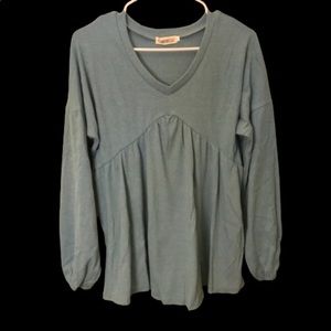 CLARISBELLE Casual V-neck Long Sleeve Flowy Turquoise Blouse